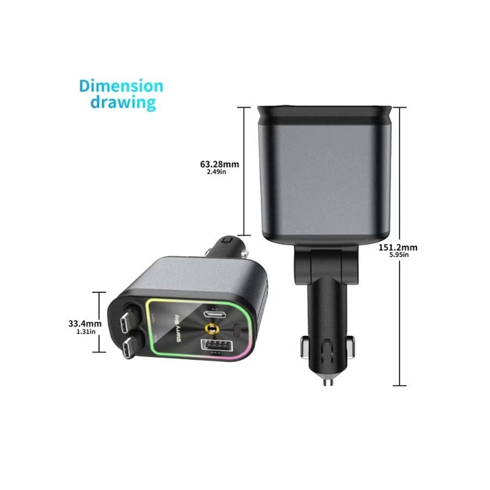 شاحن سيارة 4 في 1 سريع بمخارج سحب (Retractable) - يدعم Type-C و iOS