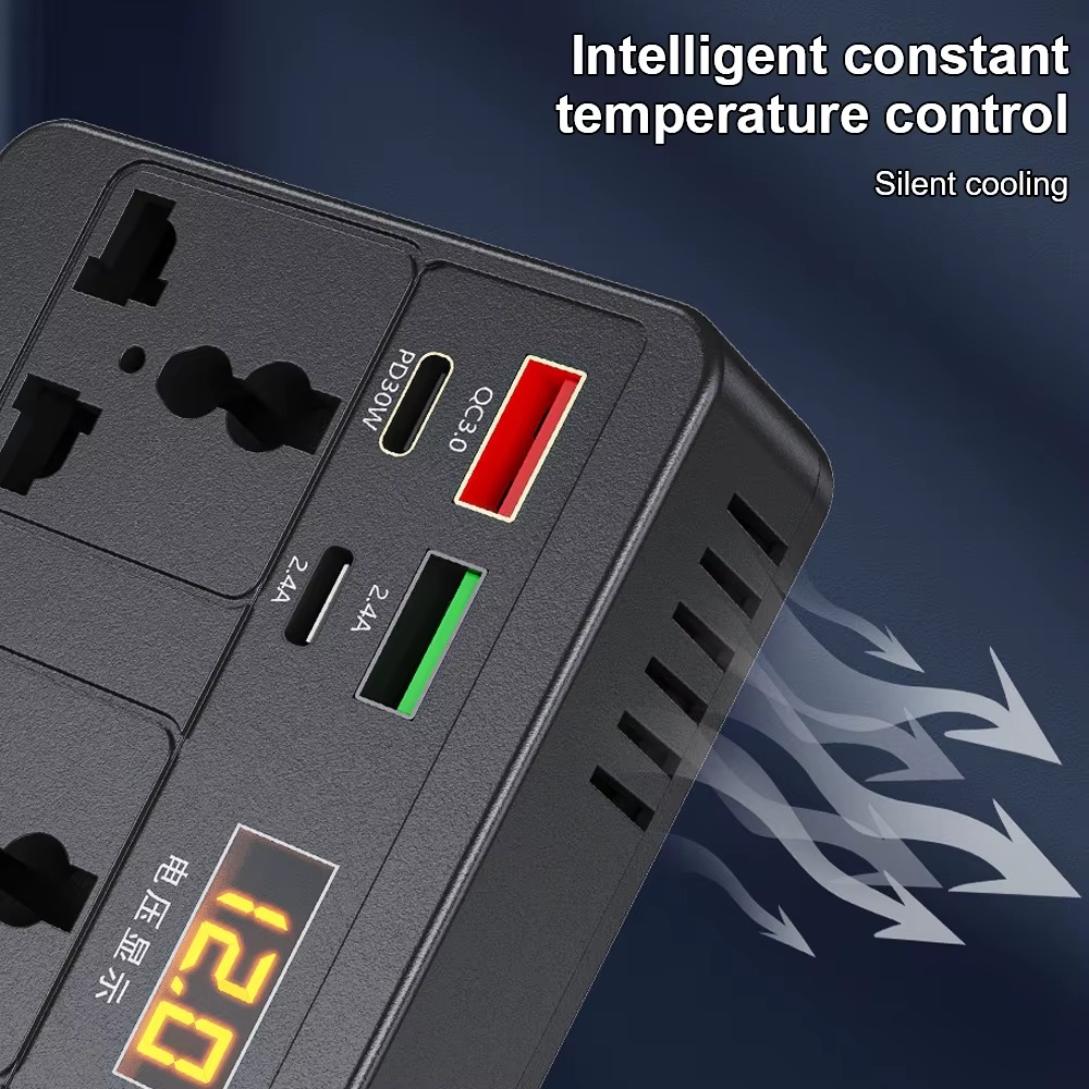 محول طاقة كهربائي عالي القدرة 200 واط للسيارة-12V / 24V إلى شاحن سريع 220 فولت مع USB-PD، كشف الجه