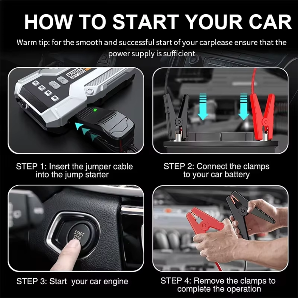 مشغل سيارة محمول 12 فولت وPower Bank للطوارئ –من GR مزود بمشابك حماية ذكية وكشاف LED