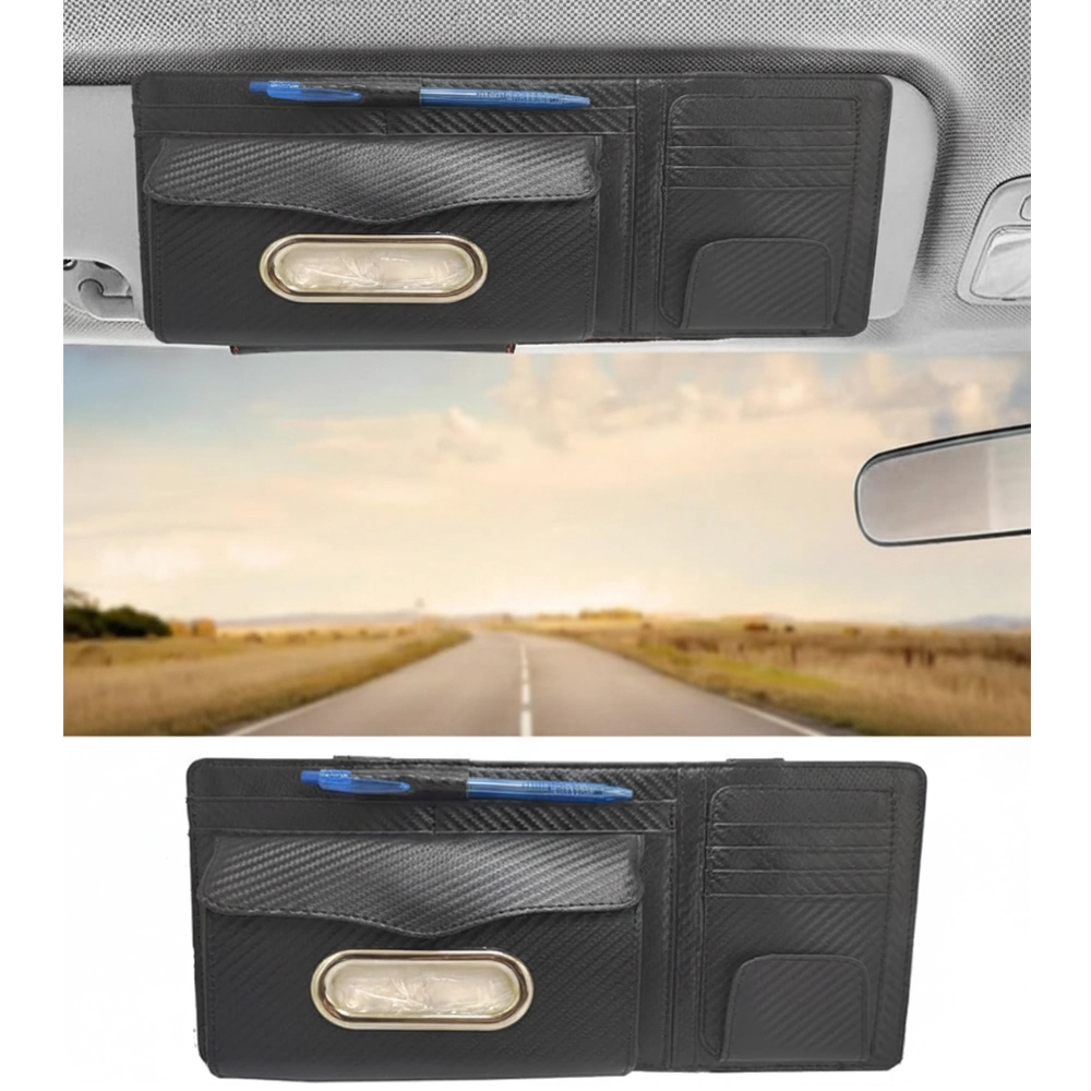 منظم كروت وحامل مناديل نظارة حامل قلم حافظة والرخص والفيزا وغيرها 7 جيوب- منظم متعدد الوظائف فى السيارة قطعة واحدة لون اسود كاربون