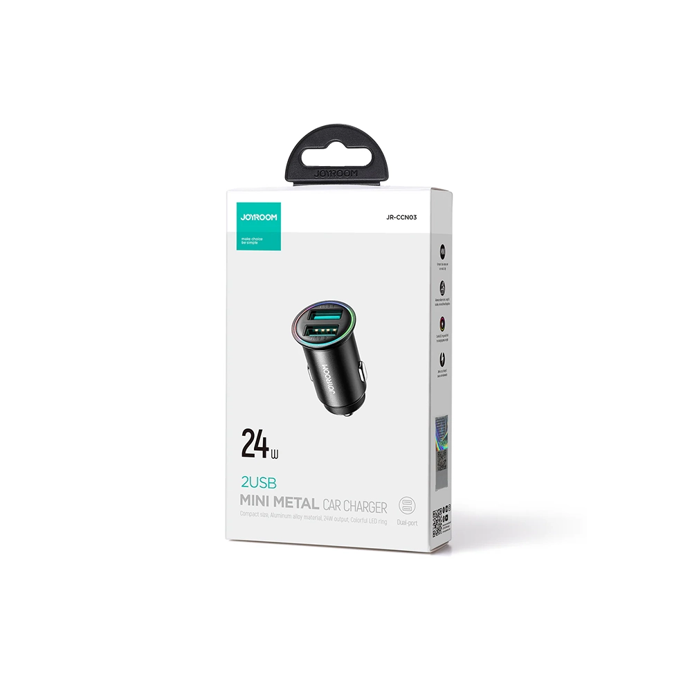 شاحن سيارة جويروم JR-CCN03 ميني معدني – منفذين USB بقوة 24 واط وشحن ذكي سريع