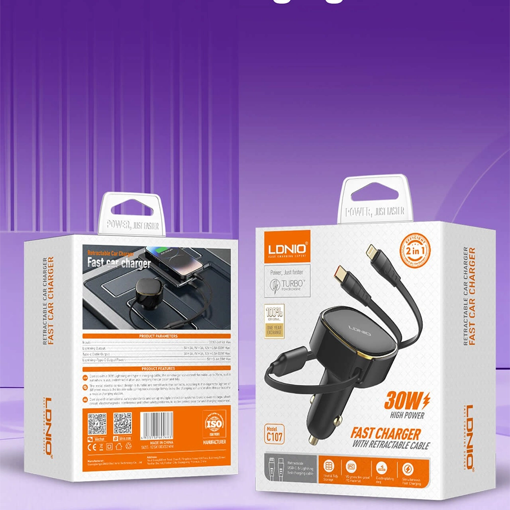 شاحن سيارة لدنيو LDNIO C107 بقوة 30 واط – منفذ USB-C ومنفذ USB-A يدعم الشحن السريع PD & QC 3.0 بتصميم عصري وأمان متكامل