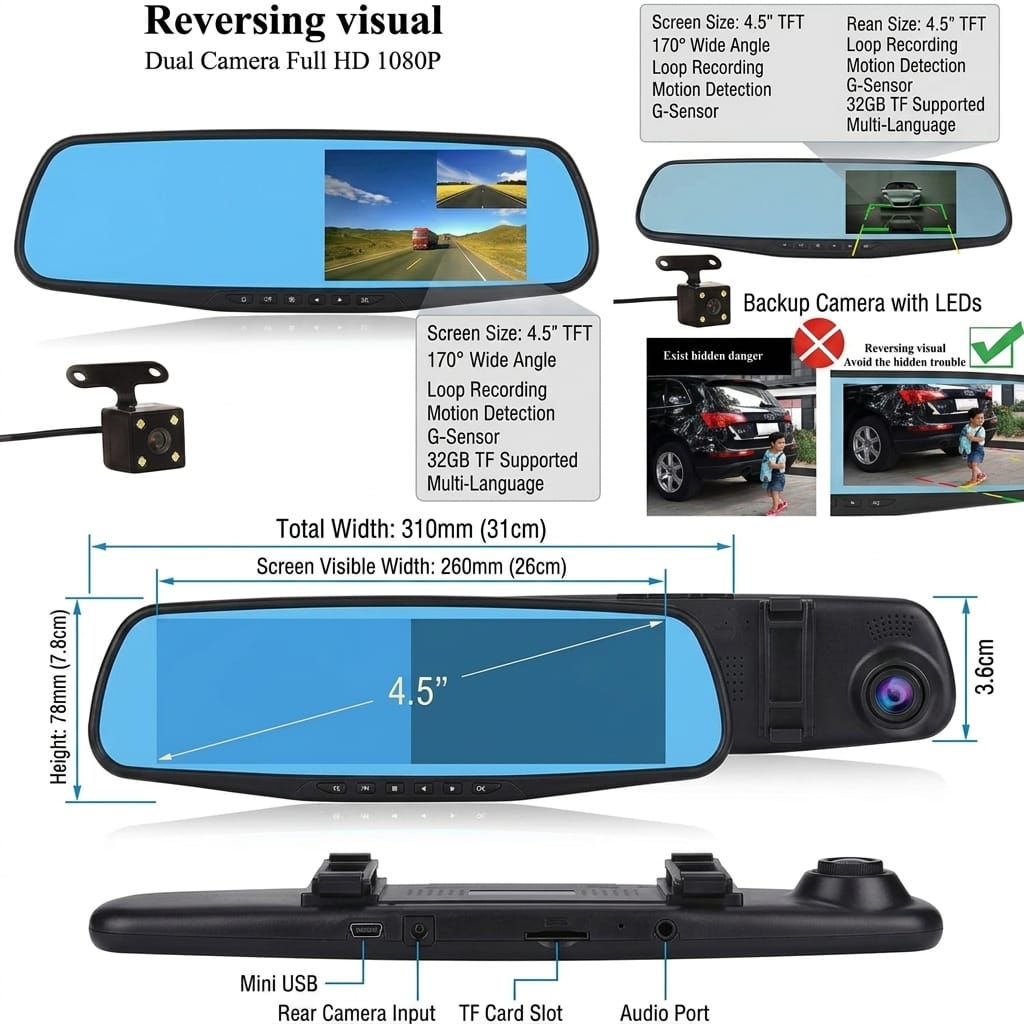 ​مرآة السيارة الذكية - كاميرا تسجيل مزدوجة (Dash Cam)(Rearview mirror dual channel recorder)