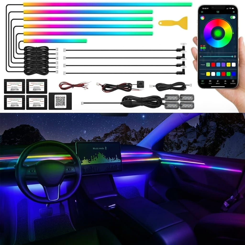 شريط إضاءة ليد داخلي للسيارة (Ambient Light) تفاعلي مع الموسيقى - 7 ألوان متغيرة