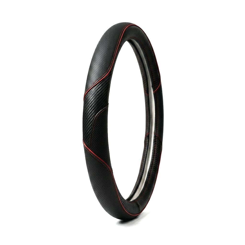 غطاء طارة (عجلة قيادة دائري) جلد رياضي بتصميم ألياف الكربون  وخياطة حمراء