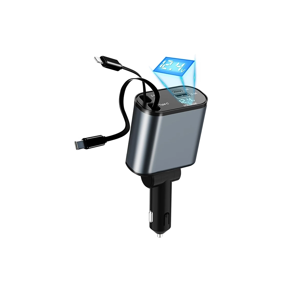 شاحن سيارة 4 في 1 سريع بمخارج سحب (Retractable) - يدعم Type-C و iOS