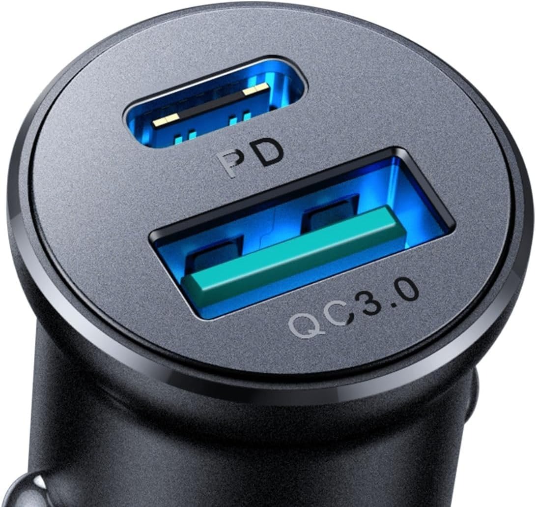 شاحن سيارة معدني صغير 30 وات بمنفذ USB-C ومنفذ USB-A للشحن السريع (PD3.0/PPS/QC3.0) بتصميم صغير من جوي روم - لون أسود، موديل JR-CCN05