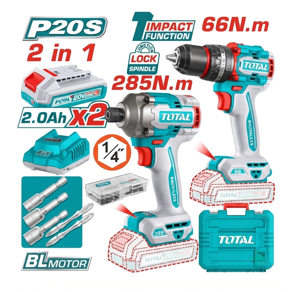 طقم معدات لاسلكية 2 في 1 من ماركة توتال (TOTAL Tools) يعمل بمنصة بطاريات P20S (20 فولت).