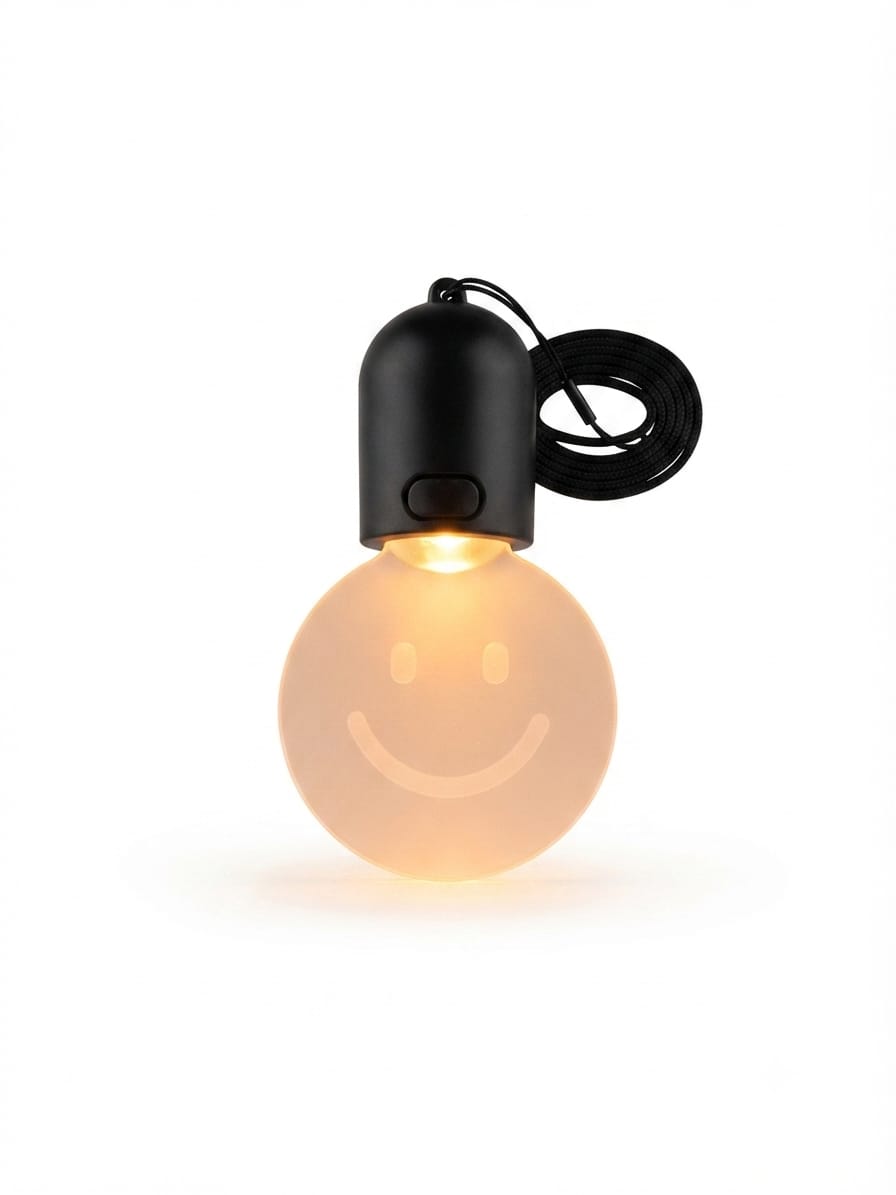 ميدالية مفاتيح إضاءة LED بتصميم سمايلي (وجه مبتسم) مع تعليقة سوداء فاخرة