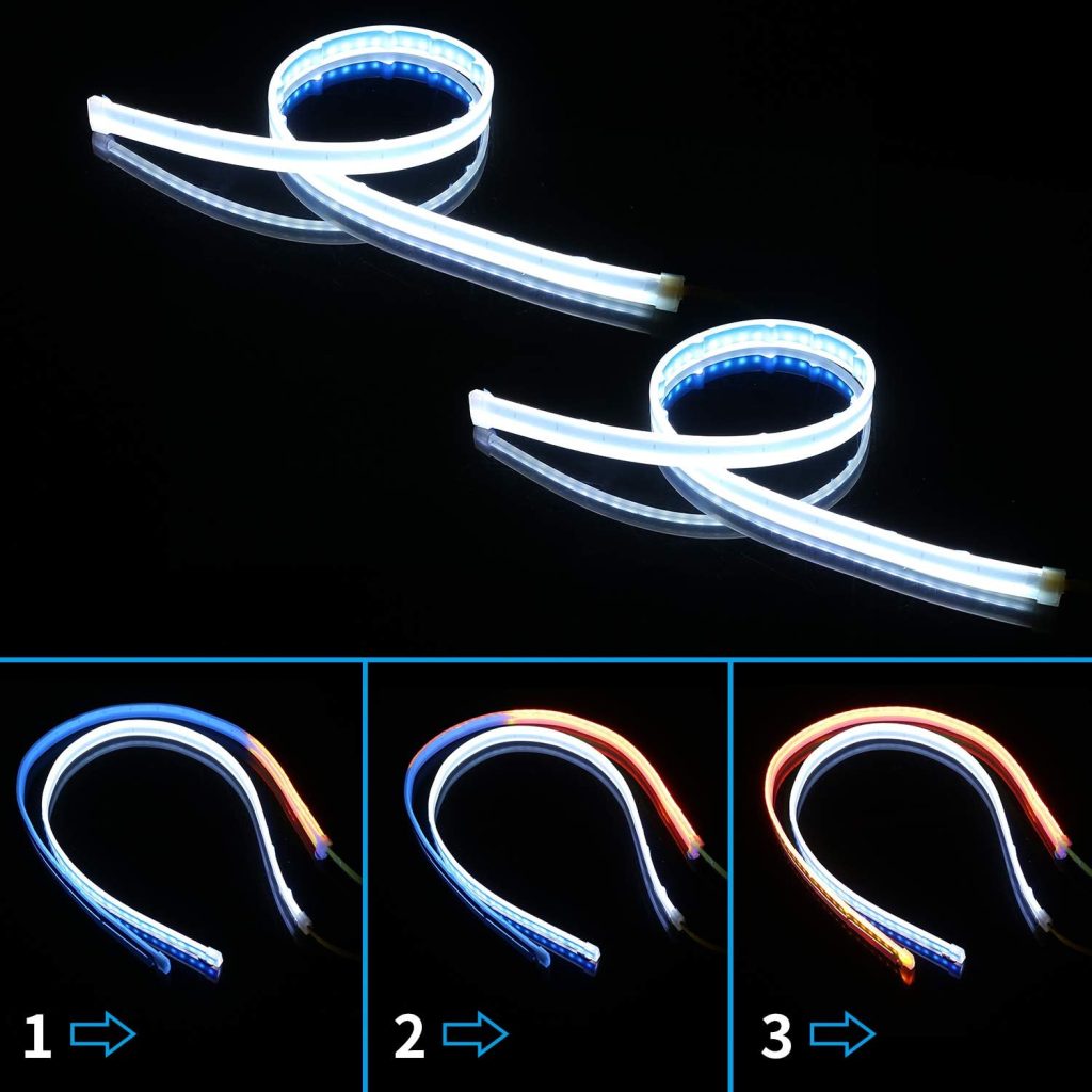 ⁦شريط اضاءة LED مرن للسيارة ، شريط اضاءة ثنائي اللون، 24 بوصة DRL LED مناسب للفوانيس الامامية، شريط انبوبي للاضاءة النهارية ومصباح تسلسلي متعرج لاشارة الانعطاف مقاوم للماء، قطعتين⁩ - الصورة ⁦5⁩
