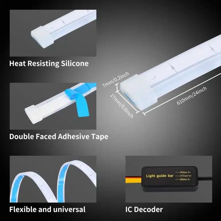 ⁦شريط اضاءة LED مرن للسيارة ، شريط اضاءة ثنائي اللون، 24 بوصة DRL LED مناسب للفوانيس الامامية، شريط انبوبي للاضاءة النهارية ومصباح تسلسلي متعرج لاشارة الانعطاف مقاوم للماء، قطعتين⁩ - الصورة ⁦2⁩